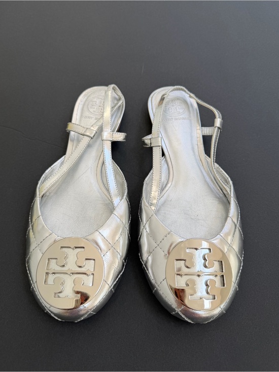 Tory Burch Shoes - Tory Burch Metallic Silver Quilted Slingback Flats with Logo Size 7